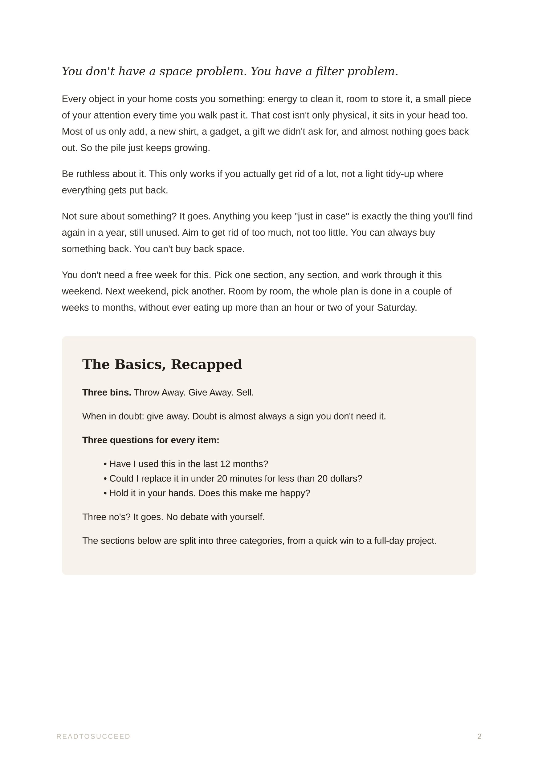 A page from Clear Home, Clear Mind: You have a filter problem