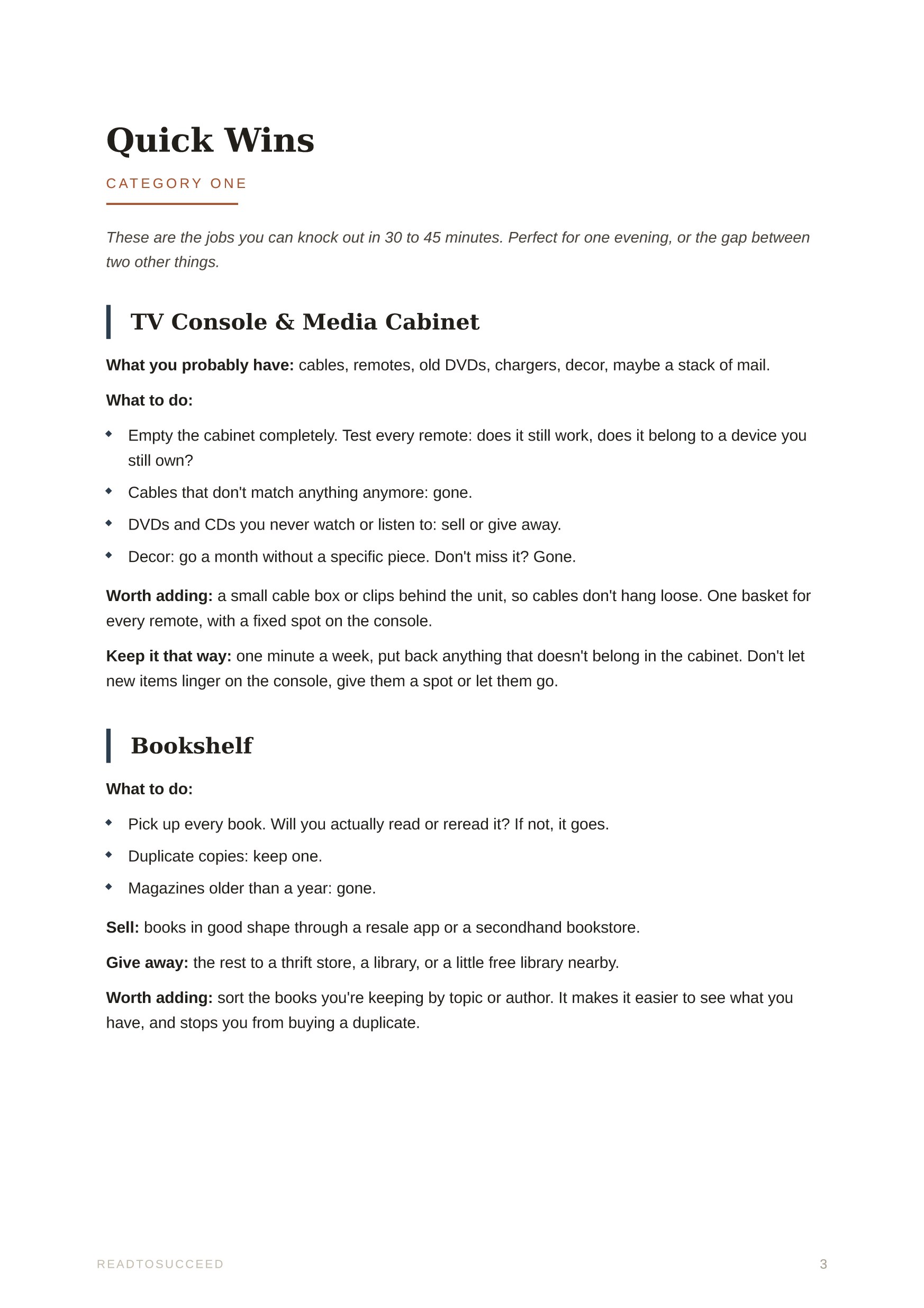 A page from Clear Home, Clear Mind: Quick wins: 30 to 45 minutes