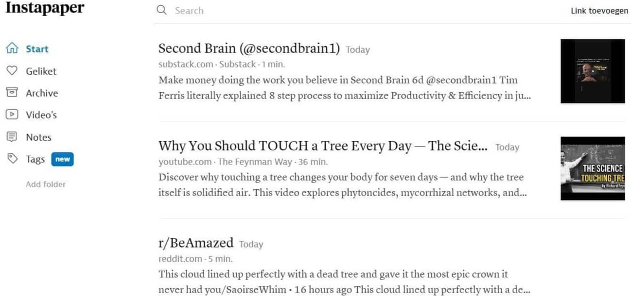Screenshot of the Instapaper app showing a saved reading list