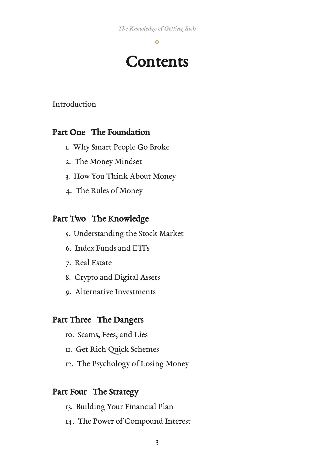 A page from The Knowledge of Getting Rich: Contents