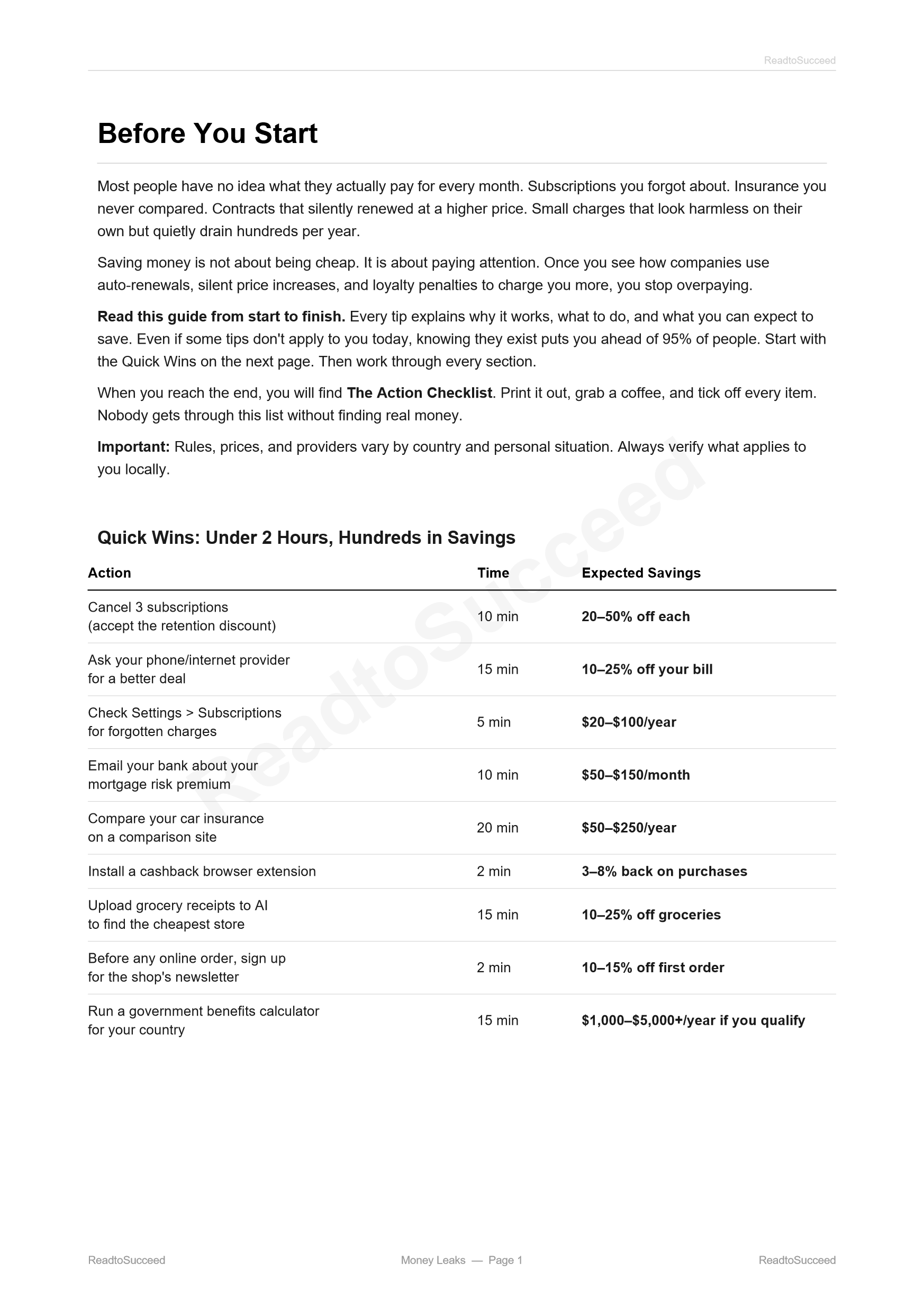 A page from Money Leaks: The real Quick Wins page