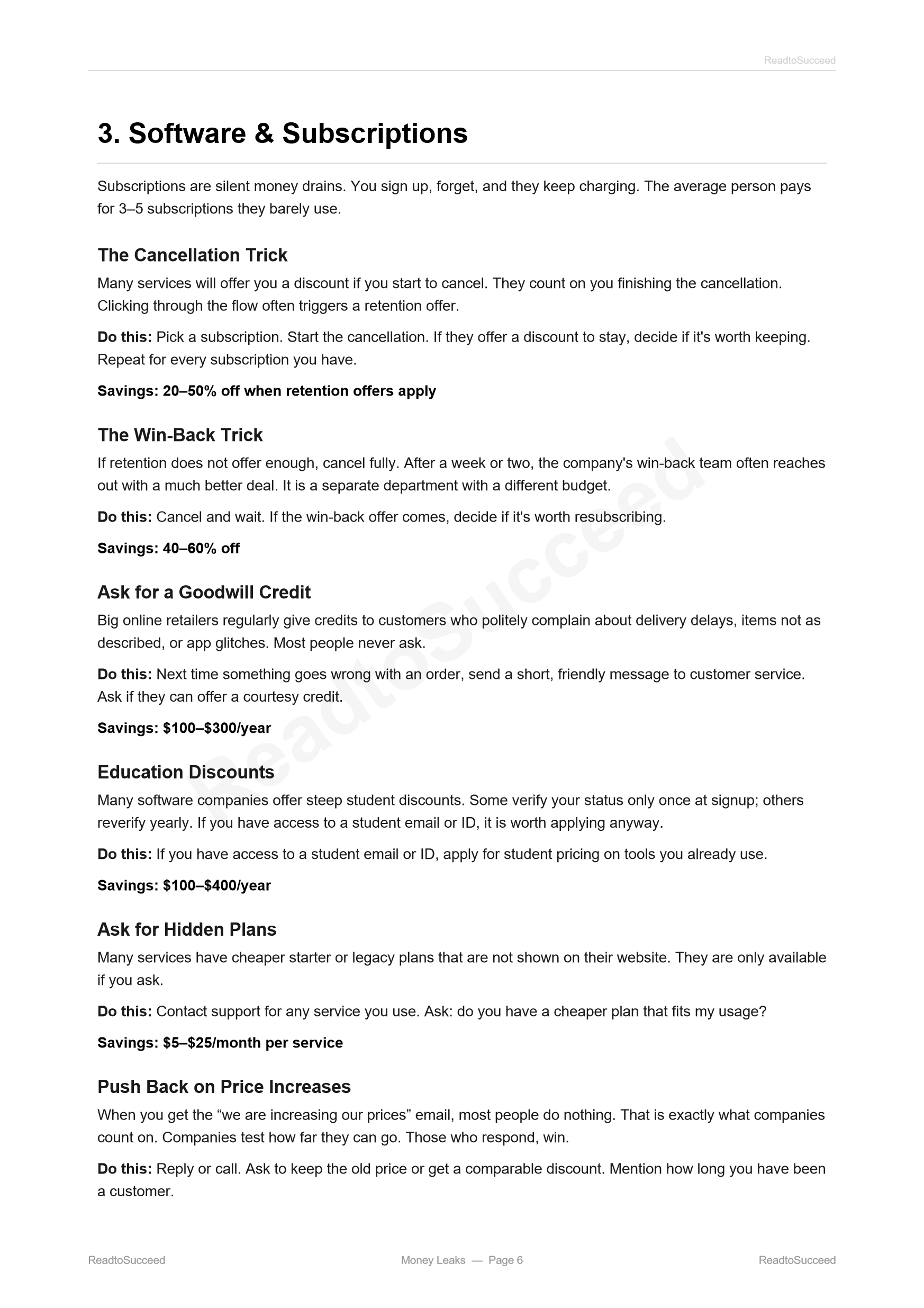 A page from Money Leaks: Software & Subscriptions