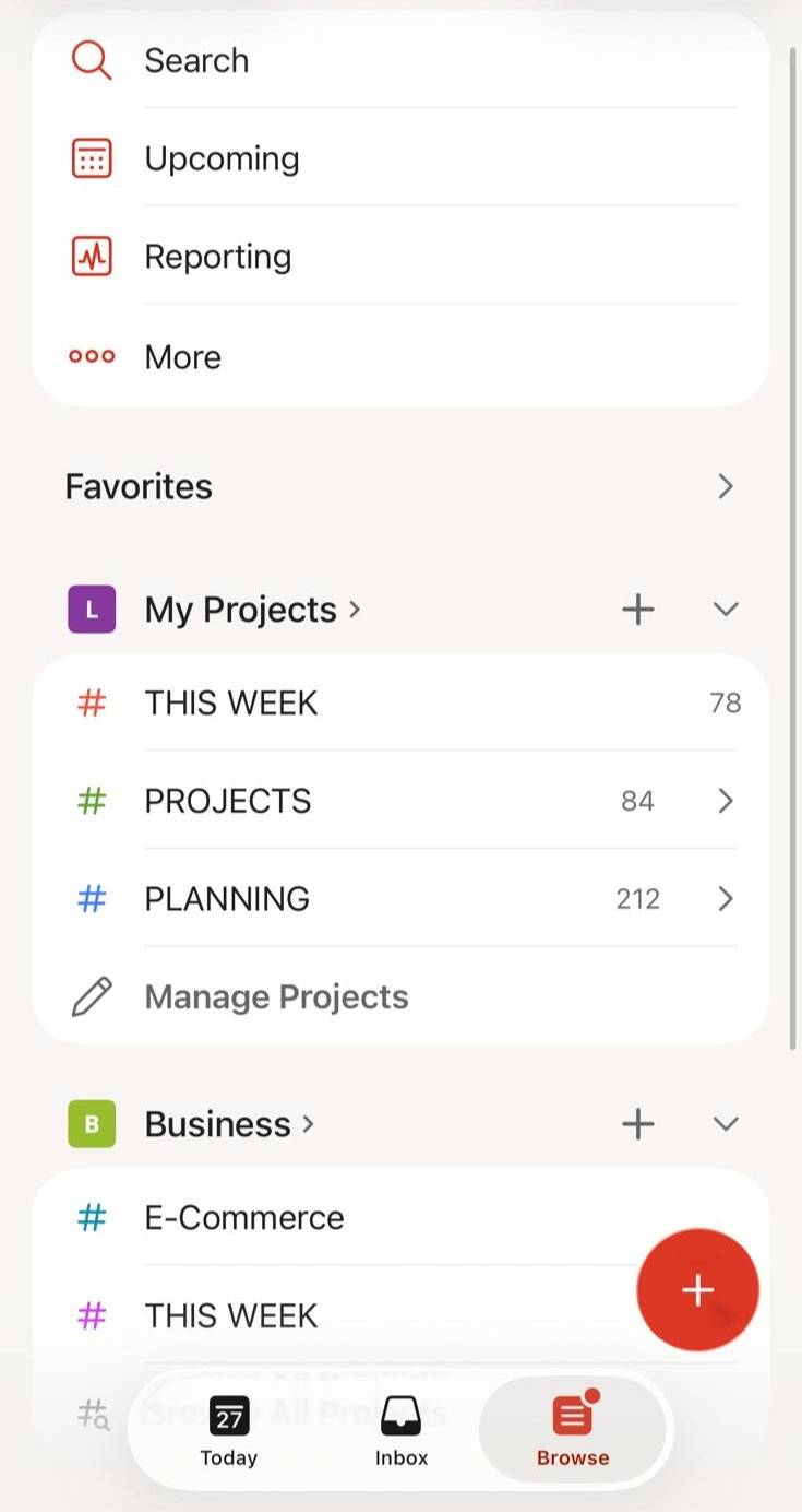 Screenshot of the Todoist app showing a project list